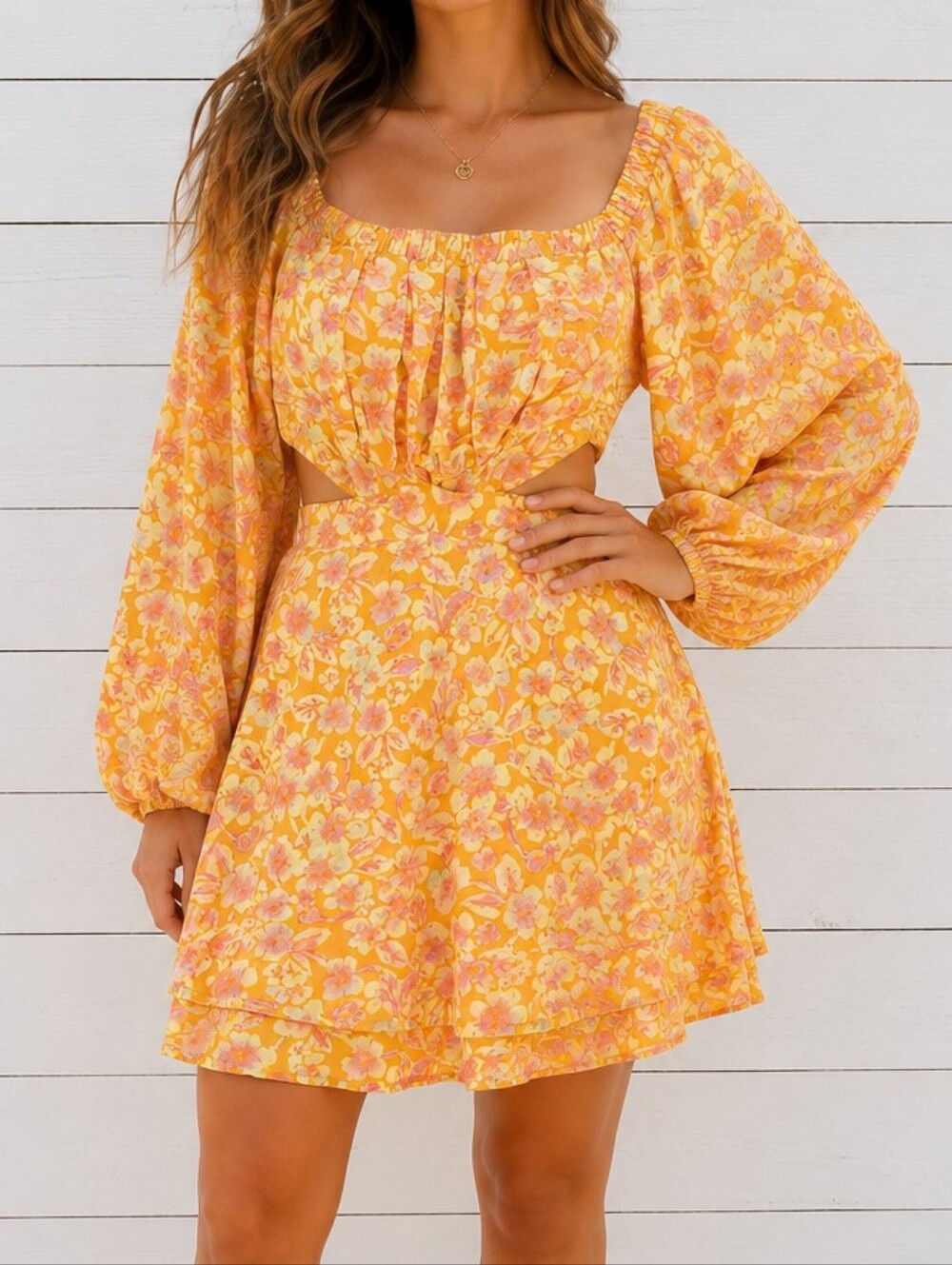 Free People Jael Yellow Floral Cutout Mini Dress Size S